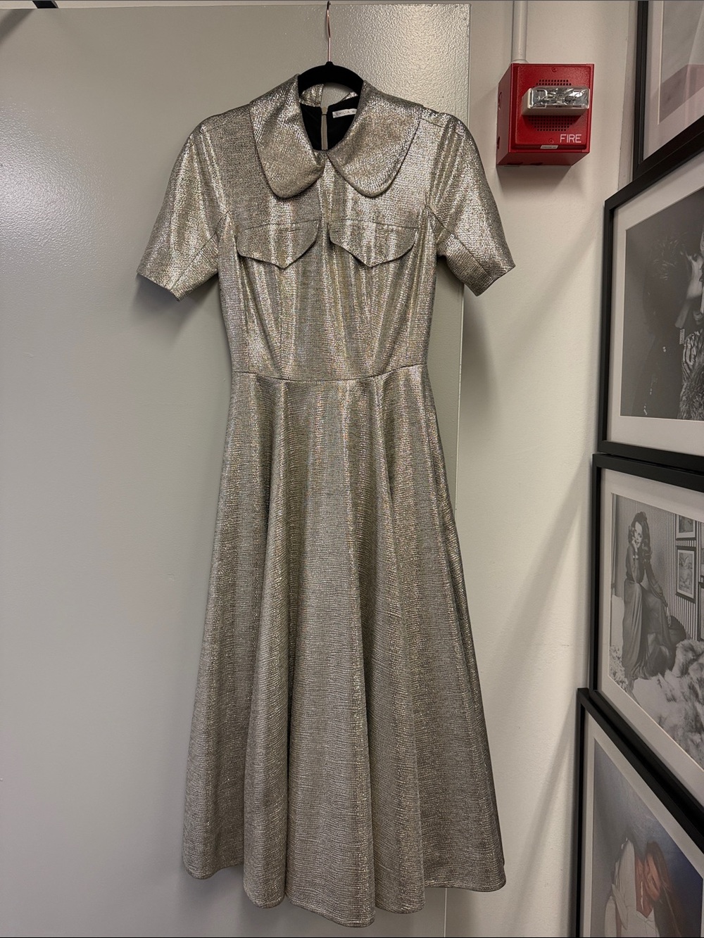 Emilia Wickstead Silver Metallic Midi Dress with Peter Pan Collar